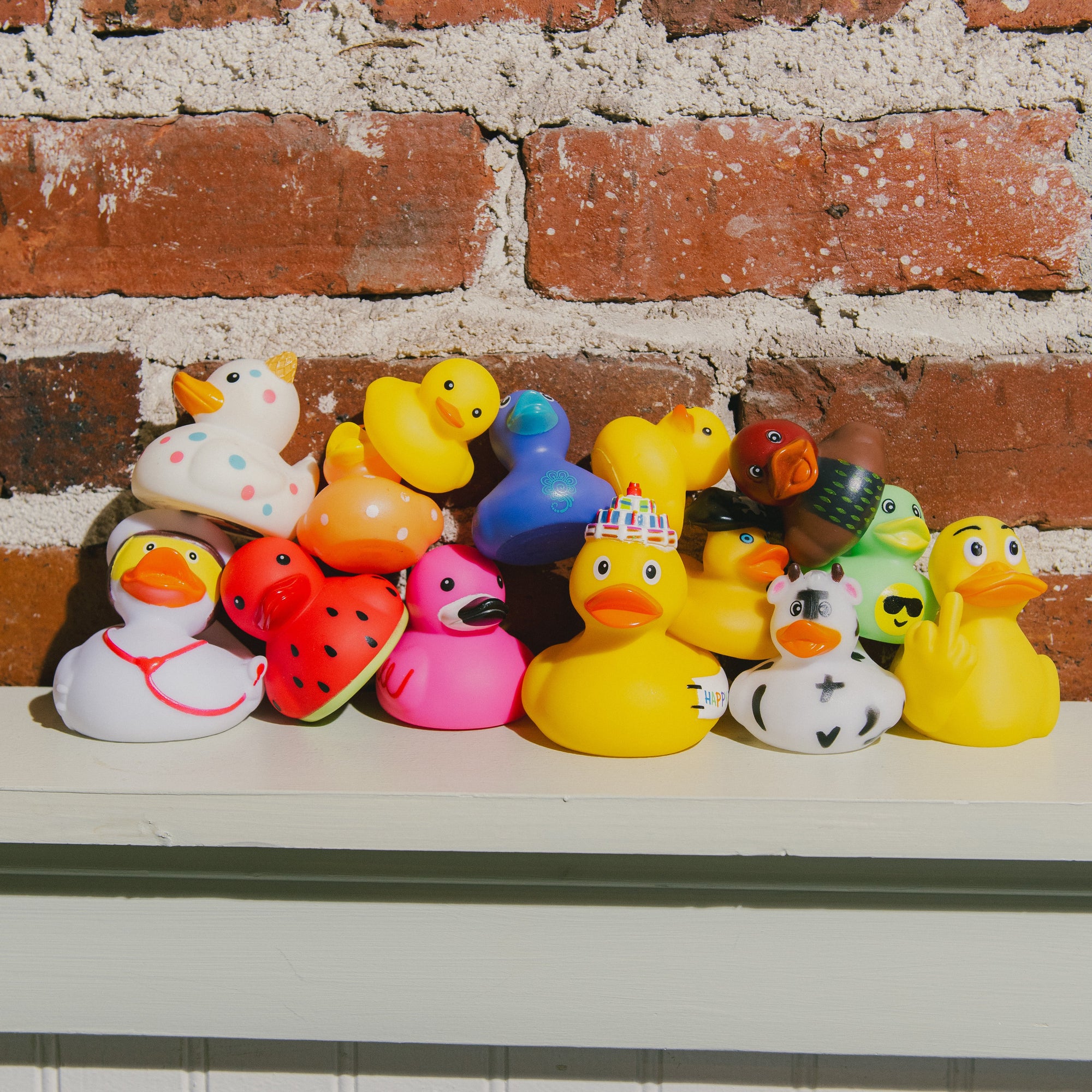 Colorful rubber duckies on a ledge with a brick wall background